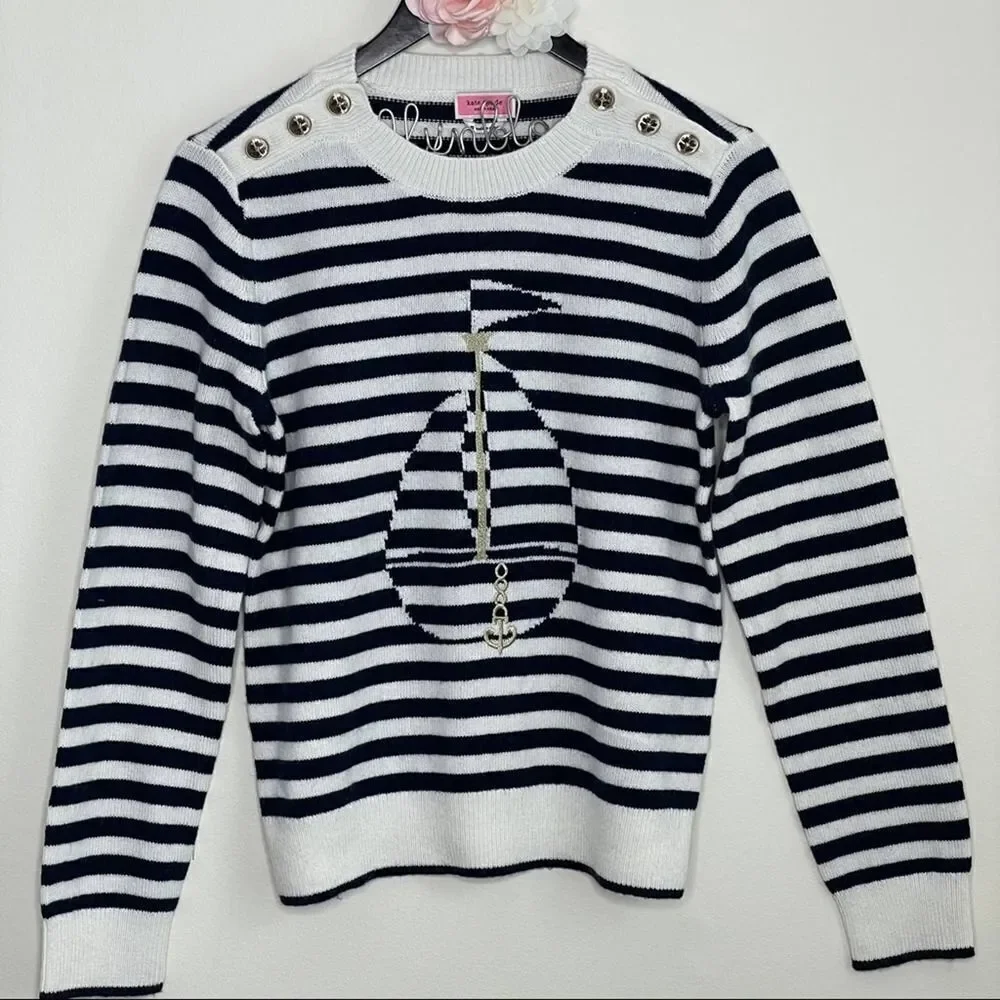 KATE SPADE Navy Striped Sail Boat Sweater MEDIUM